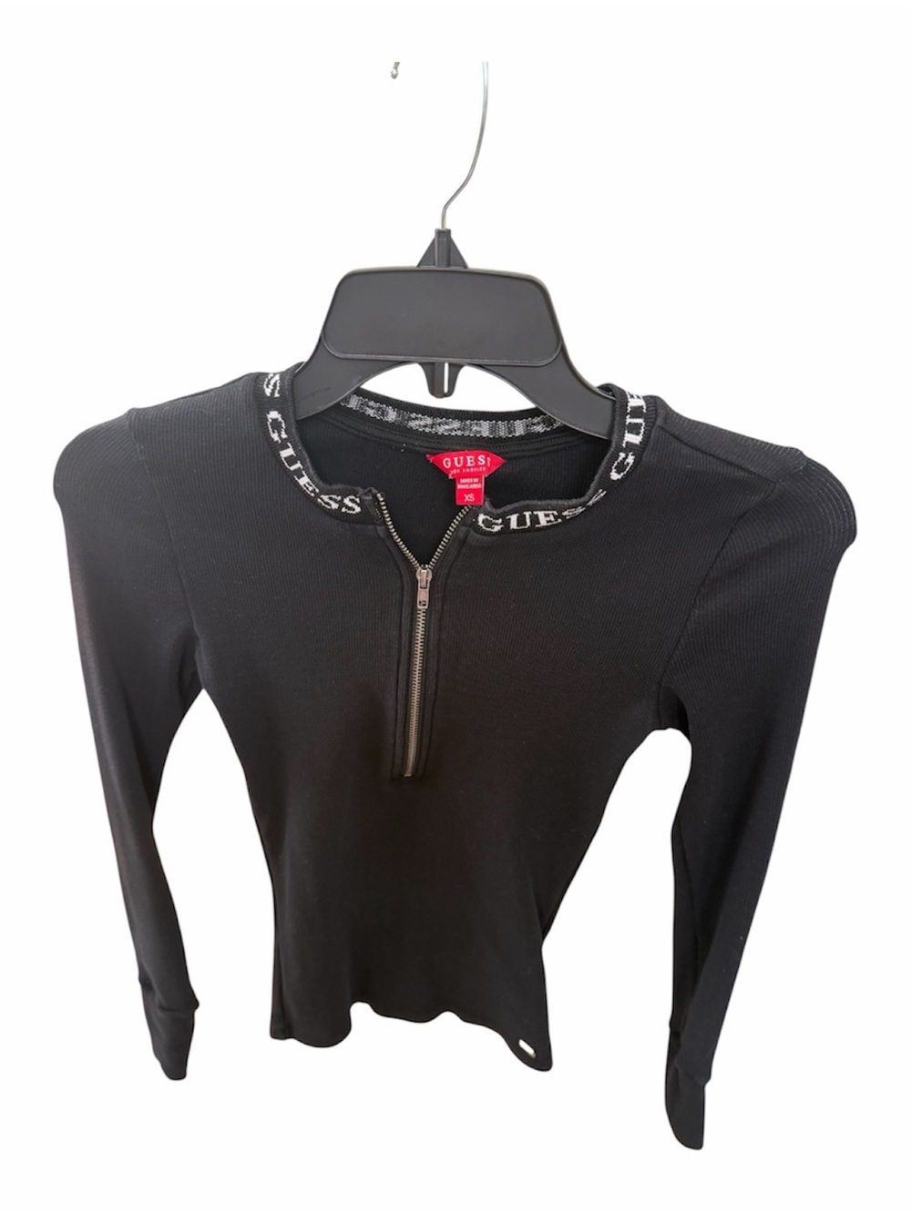 GUESS Black Ribbed Long-Sleeve Zip Neck Top